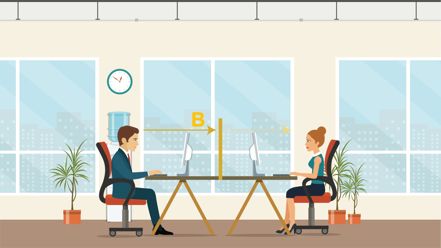 Illustration of coworkers sitting at facing desks, sound is blocked by a divider between the two desks