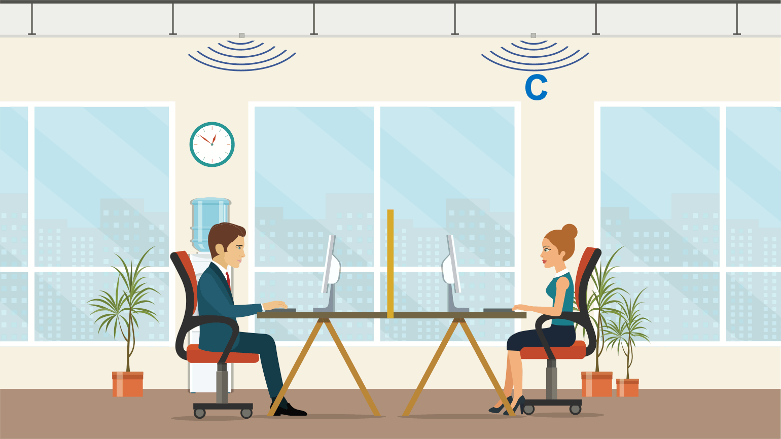 Illustration of coworkers sitting at facing desks, sound is masked by the addition of white noise into the space from the ceiling