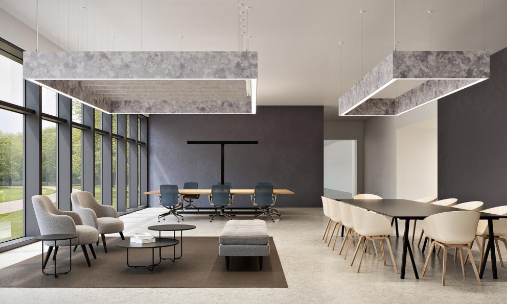 Open office featuring Seem 2 Acoustic rectangles in Moon Rock part of the Cosmic collection