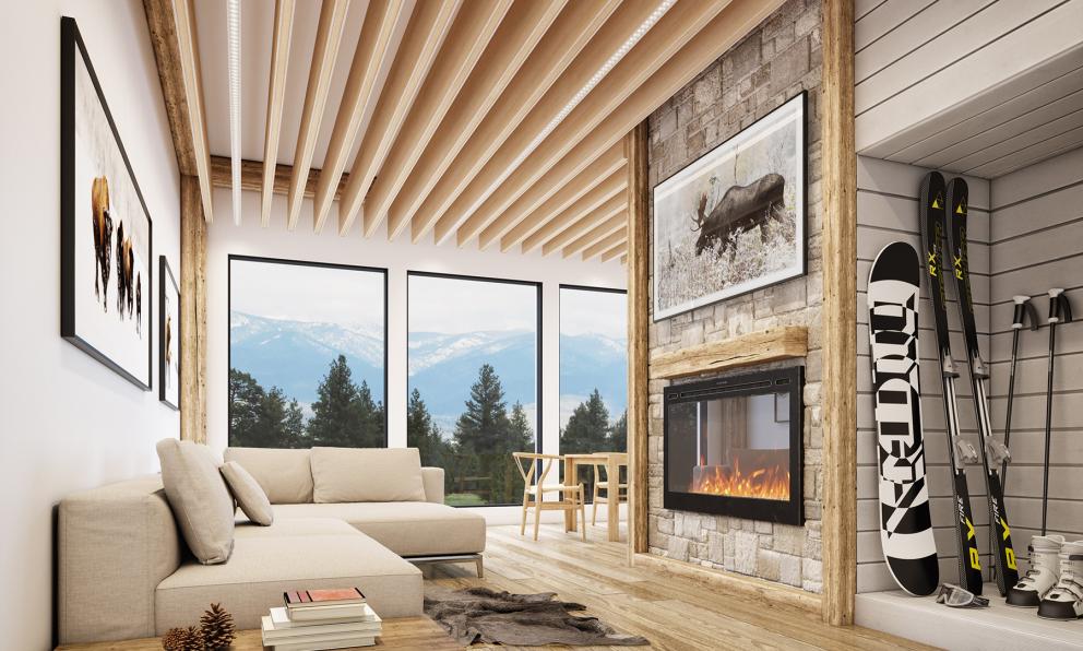 Seem 1 Acoustic Louver, Seem 1 Acoustic unlit shown in Light Oak finish in a Ski Lodge setting