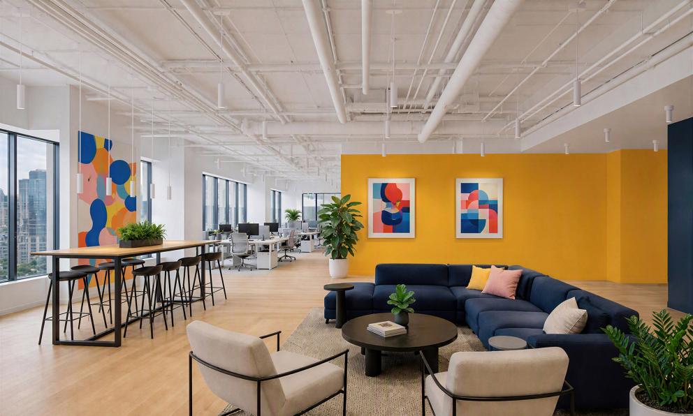 Colorful Open office featuring ID+ 2.5" Cylinders, 8" white pendants used as ambient, task and wall wash