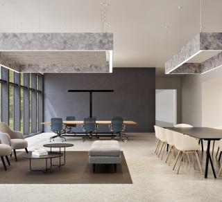 Open office featuring Seem 2 Acoustic rectangles in Moon Rock part of the Cosmic collection