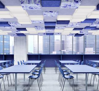 Nivo Acoustic and Luminaire cafeteria featuring Cosmic Blue Star 