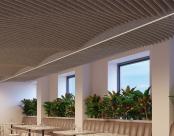 Seem 1 Acoustic Louver, Restaurant, Mora Arch, Natural Linen, Cylinders