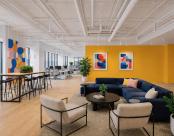 Colorful Open office featuring ID+ 2.5" Cylinders, 8" white pendants used as ambient, task and wall wash