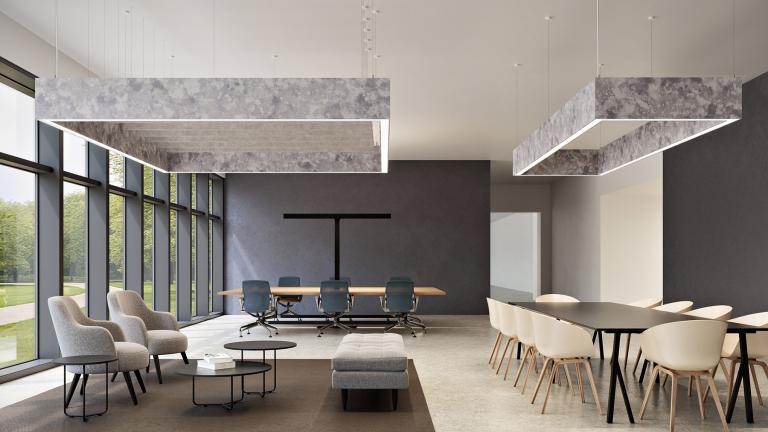 Open office featuring Seem 2 Acoustic rectangles in Moon Rock part of the Cosmic collection