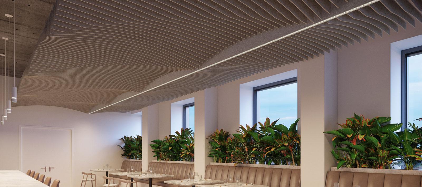 Seem 1 Acoustic Louver, Restaurant, Mora Arch, Natural Linen, Cylinders