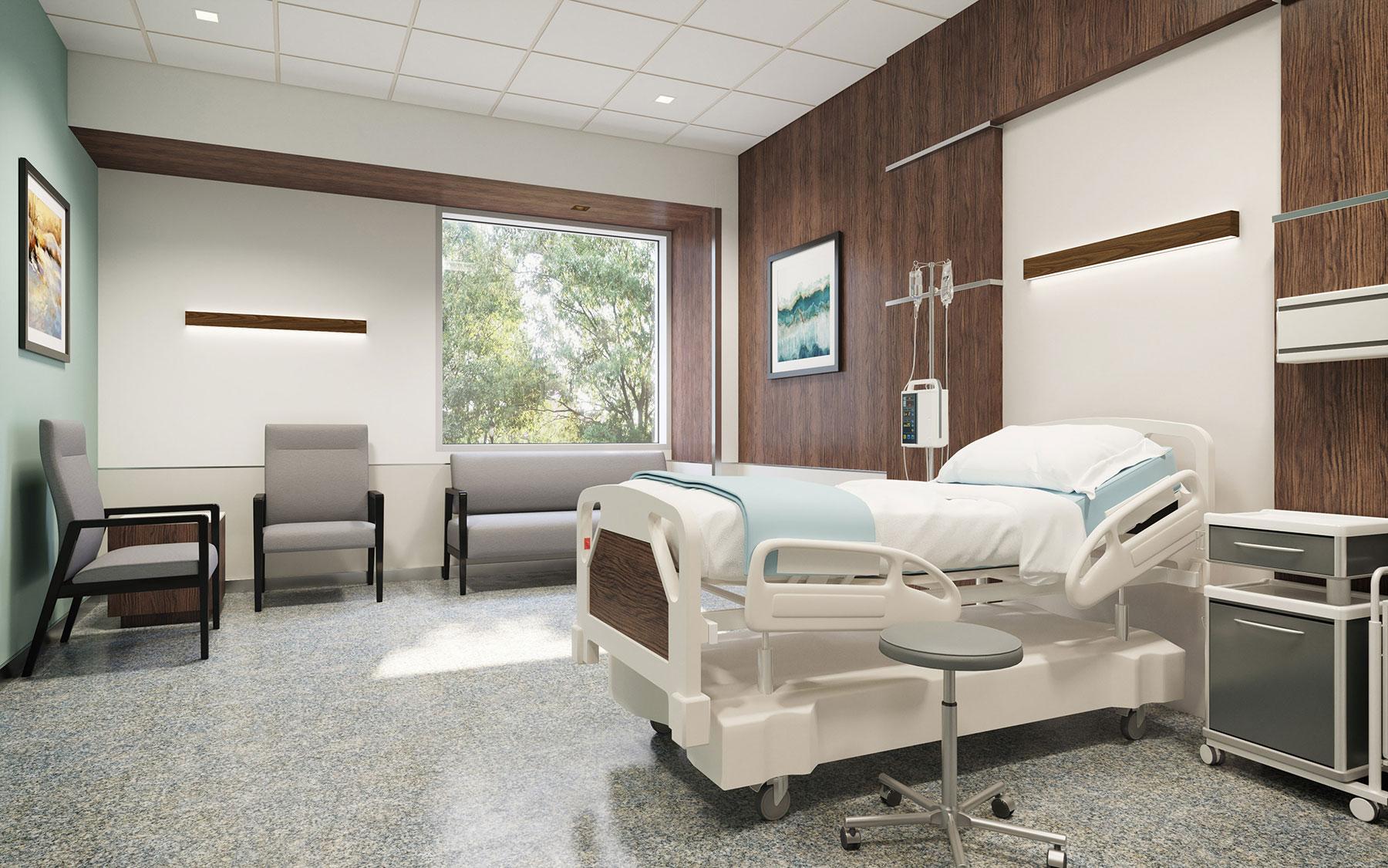 Patient room with wood wall and Walnut Seem 1 wall mount luminaires over chair and patient bed