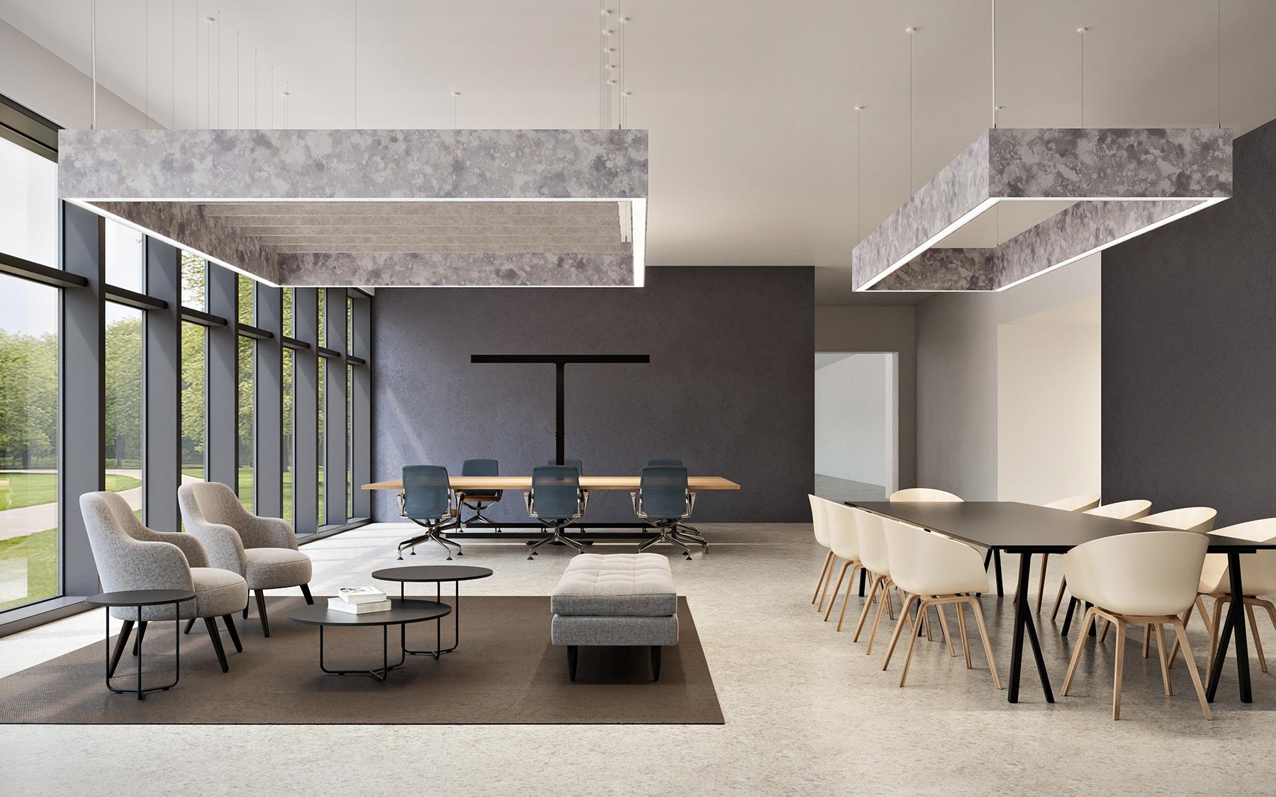 Open office featuring Seem 2 Acoustic rectangles in Moon Rock part of the Cosmic collection