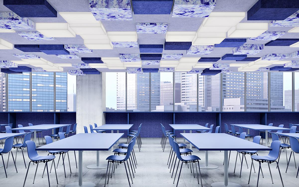 Nivo Acoustic and Luminaire cafeteria featuring Cosmic Blue Star 