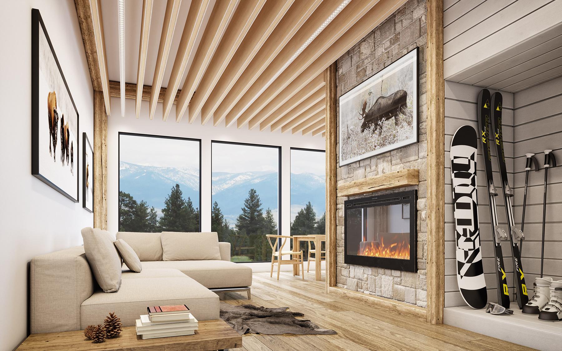 Seem 1 Acoustic Louver, Seem 1 Acoustic unlit shown in Light Oak finish in a Ski Lodge setting