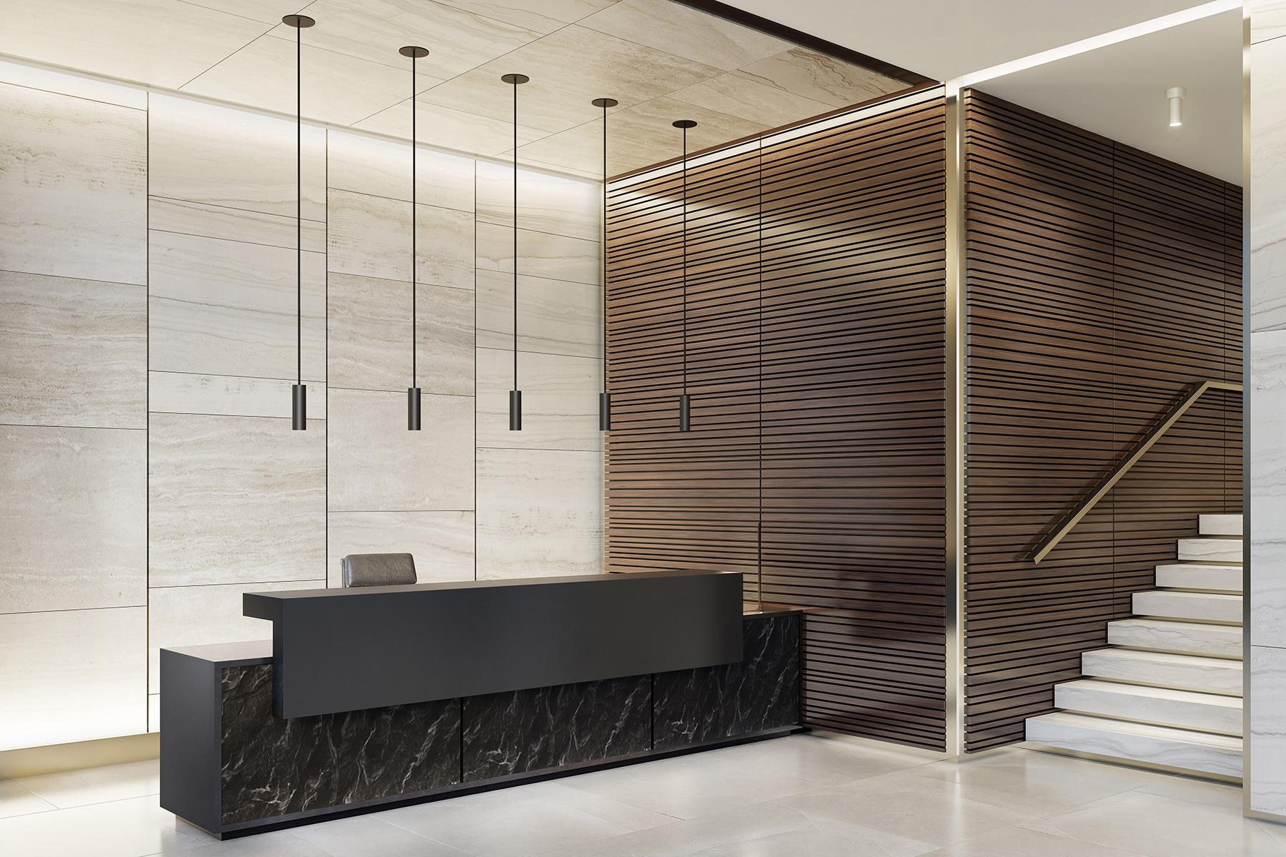 ID+ 2.5" Pure Cylinders 8" height in black over a reception desk