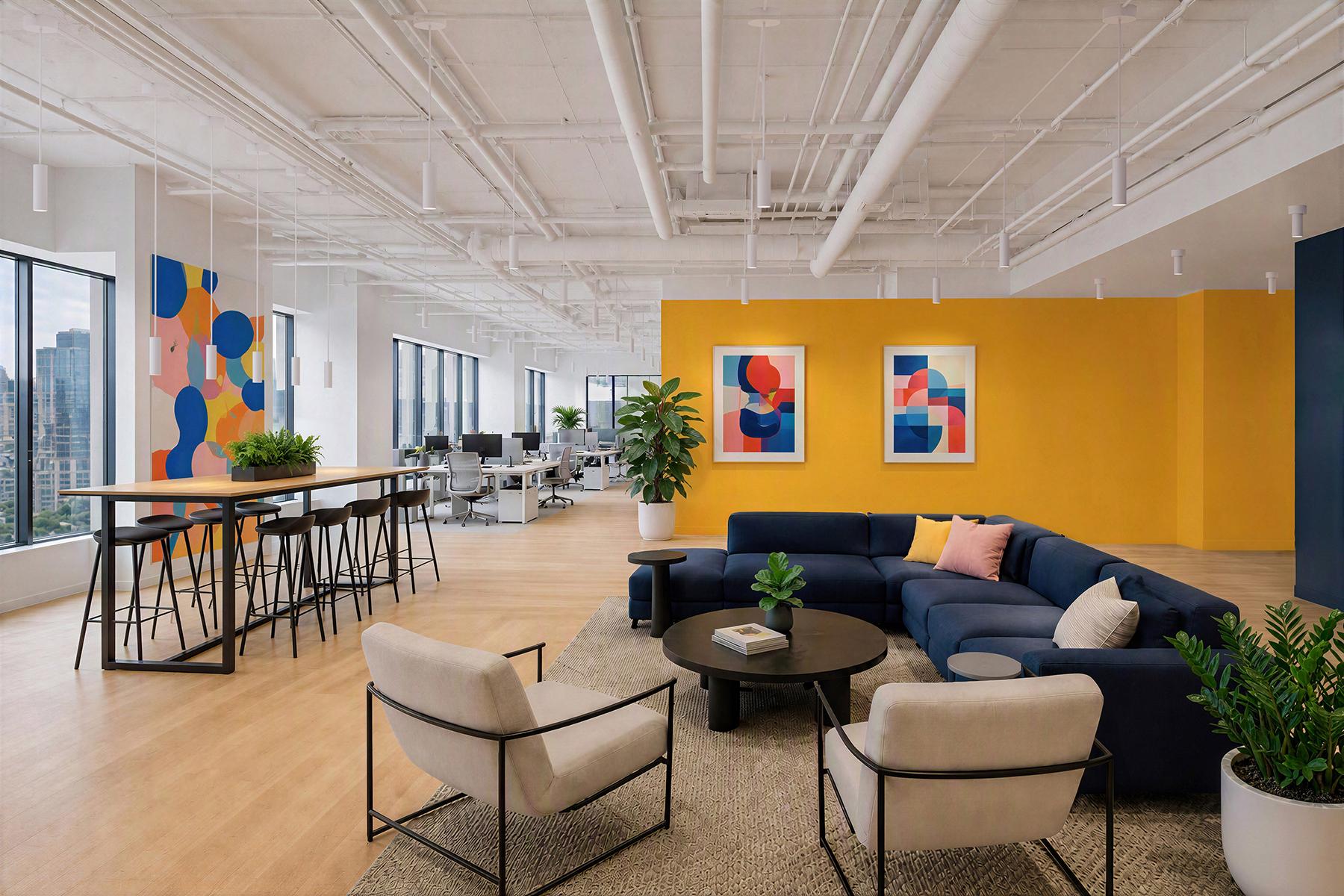Colorful Open office featuring ID+ 2.5" Cylinders, 8" white pendants used as ambient, task and wall wash